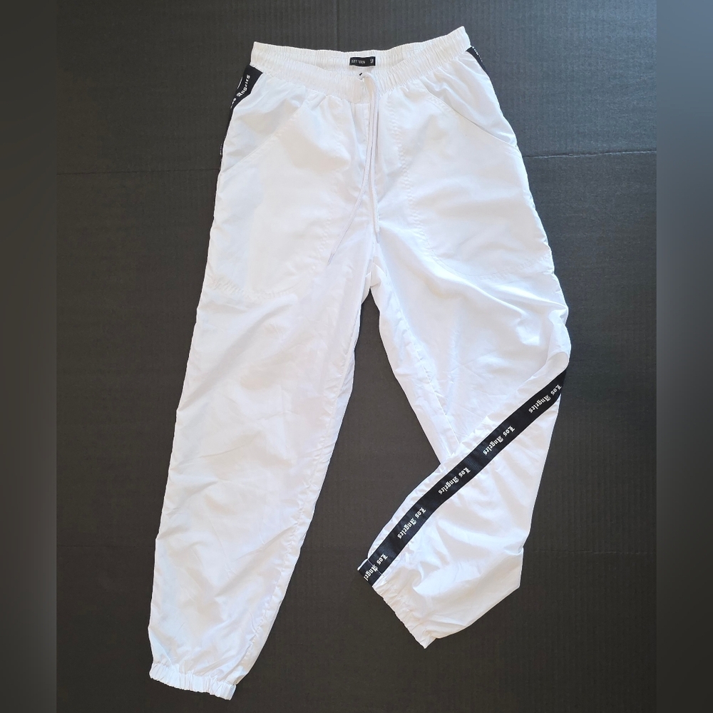 White Track Pants Women Jogger Elastic Ankle Side Stripe Streetwear Urban Sport